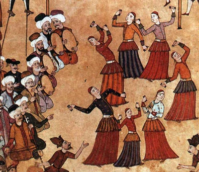 긴 붉은 치마를 입은 무용수들이 손을 들어 올리고, 옆에서 연주자들이 북을 치는 모습을 담은 오스만 세밀화의 한 장면